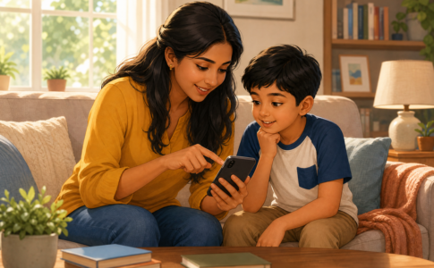 Une mère montre un téléphone à son fils et lui explique les dangers d’Internet.