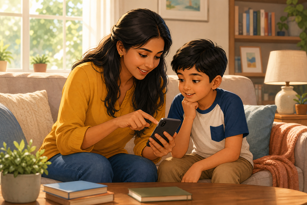 Une mère montre un téléphone à son fils et lui explique les dangers d’Internet.