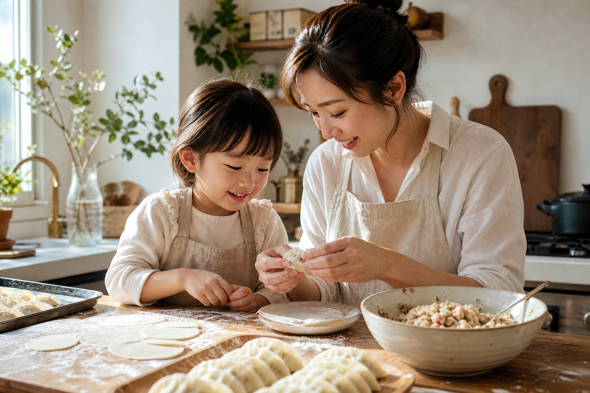 Une mère et sa fille préparant ensemble des gyozas faits maison dans la cuisine. 