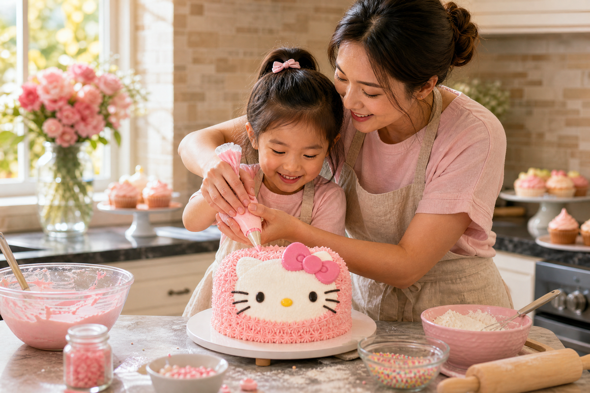 Une mère et sa fille décorent un gâteau Hello Kitty.