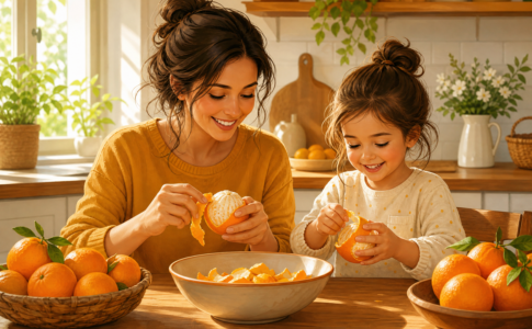 Une mère et sa petite fille épluchent des oranges ensemble dans une cuisine ensoleillée.