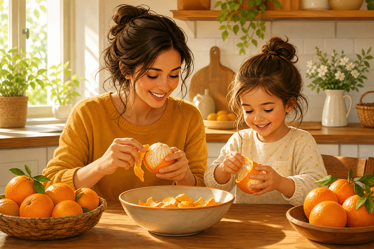 Une mère et sa petite fille épluchent des oranges ensemble dans une cuisine ensoleillée.
