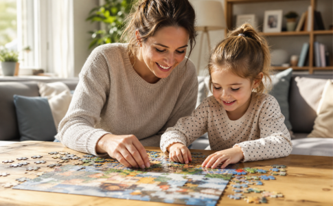 Mère et sa petite fille souriantes faisant un puzzle ensemble sur une table en bois.