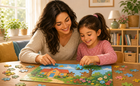 Une mère et sa fille assemblent un puzzle coloré.