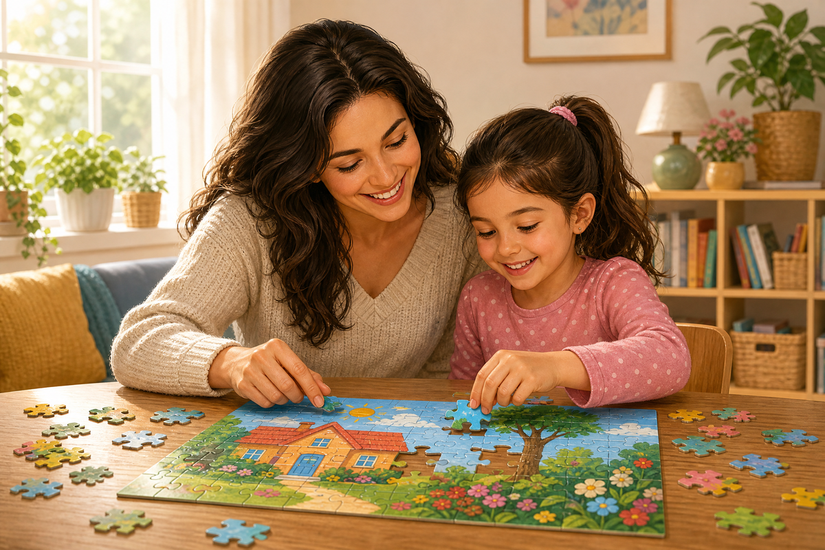  Une mère et sa fille assemblent un puzzle coloré.