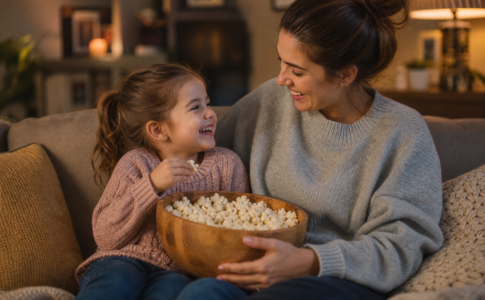 Mère et fille partageant du popcorn dans un grand bol en bois sur le canapé.