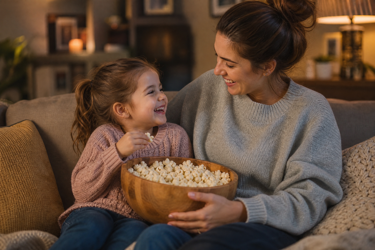 Mère et fille partageant du popcorn dans un grand bol en bois sur le canapé.
