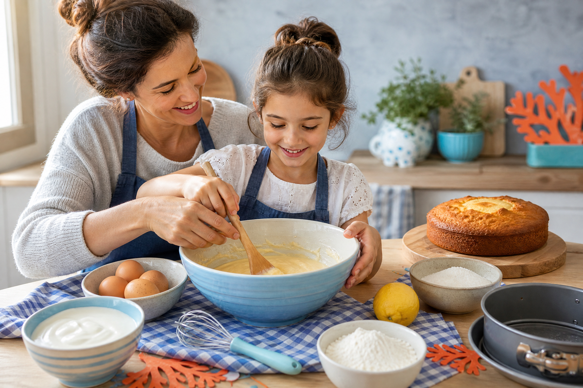  Une mère et sa fille préparent un gâteau au yaourt.