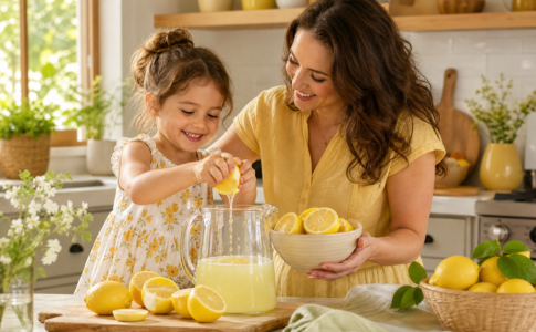 Une mère et sa fille préparent une citronnade maison.