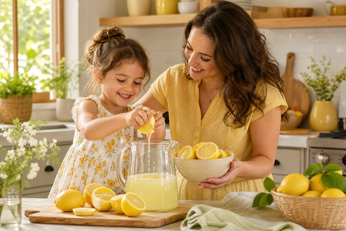 Une mère et sa fille préparent une citronnade maison.