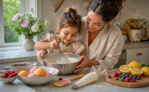 Une mère et sa fille préparent une meringue avec du sorbet et des fruits.
