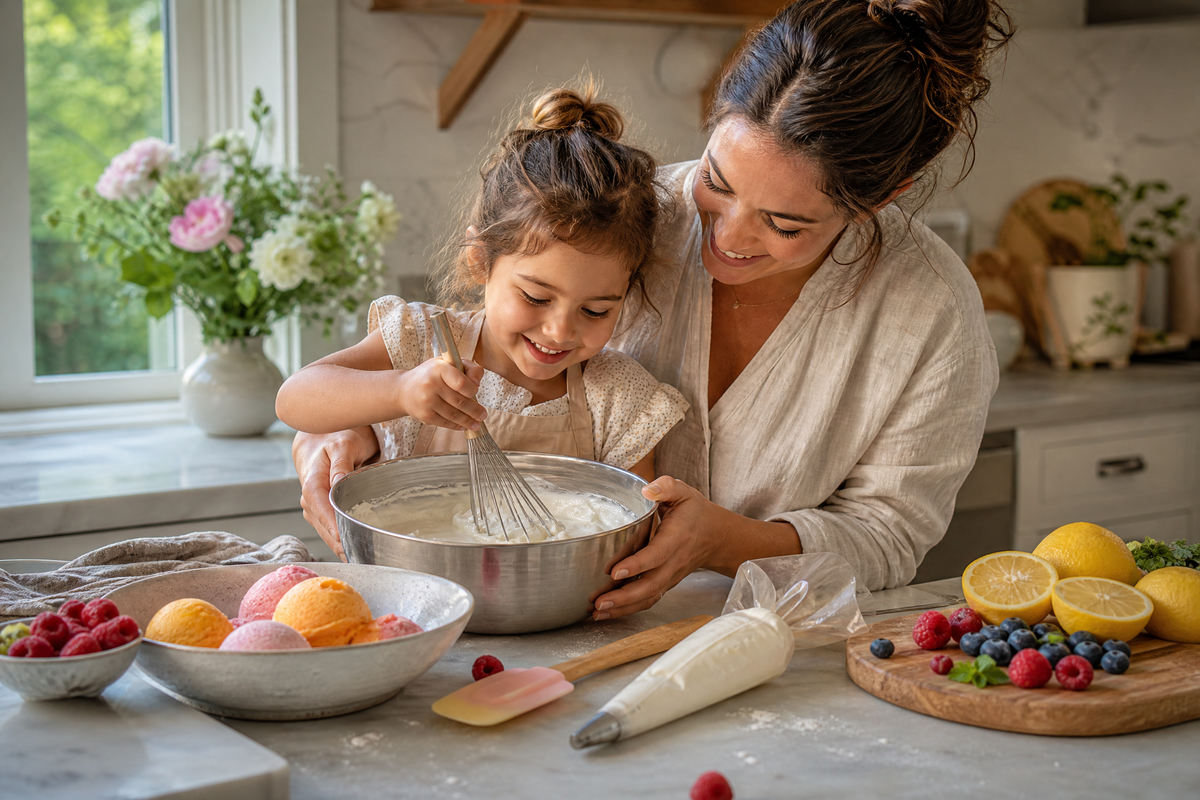 Une mère et sa fille préparent une meringue avec du sorbet et des fruits.