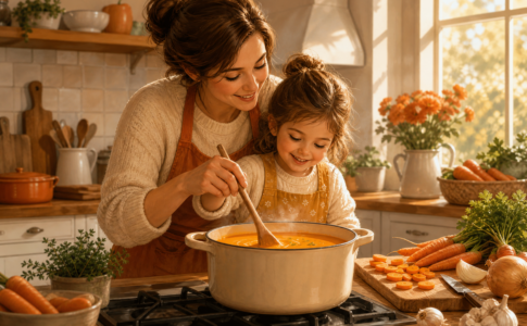 Une mère et sa fille préparent une soupe aux carottes ensemble.