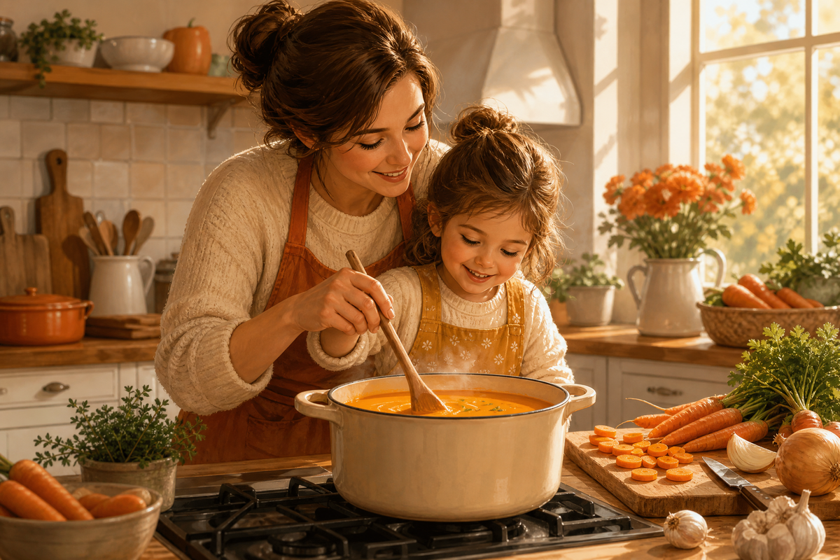  Une mère et sa fille préparent une soupe aux carottes ensemble.