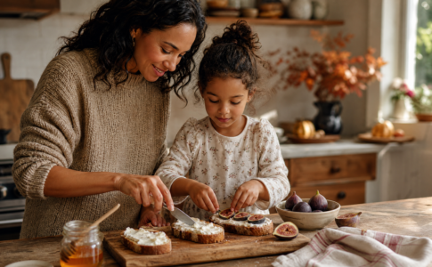Mère et fille préparant des tartines aux figues.