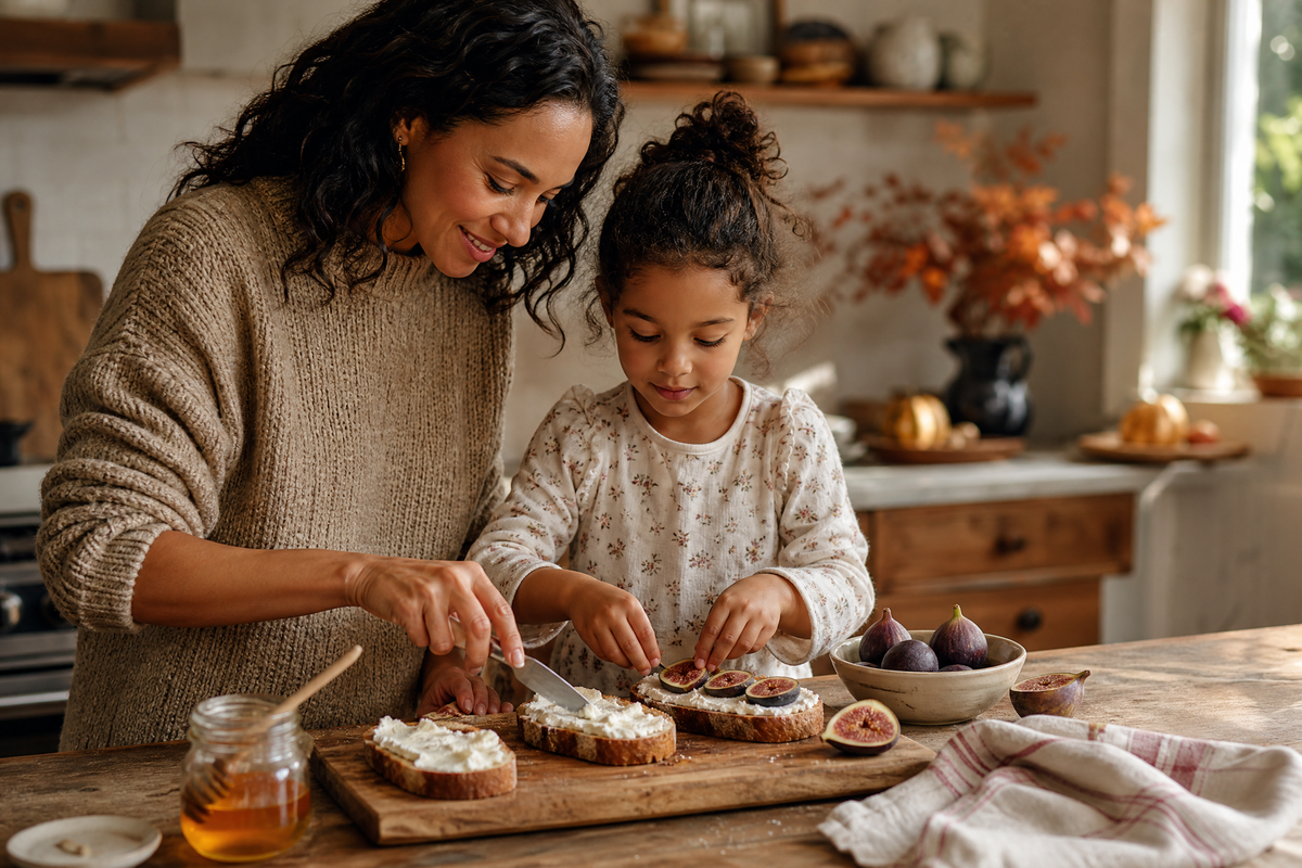 Mère et fille préparant des tartines aux figues.