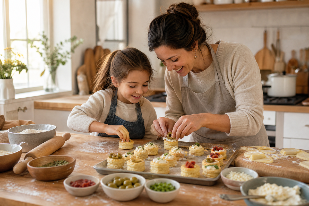 Une mère et sa petite fille préparant des petits fours salés feuilletés ensemble dans une cuisine.