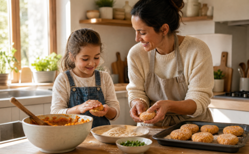 Une mère et sa fille préparent des croquettes de patate douce en cuisine.