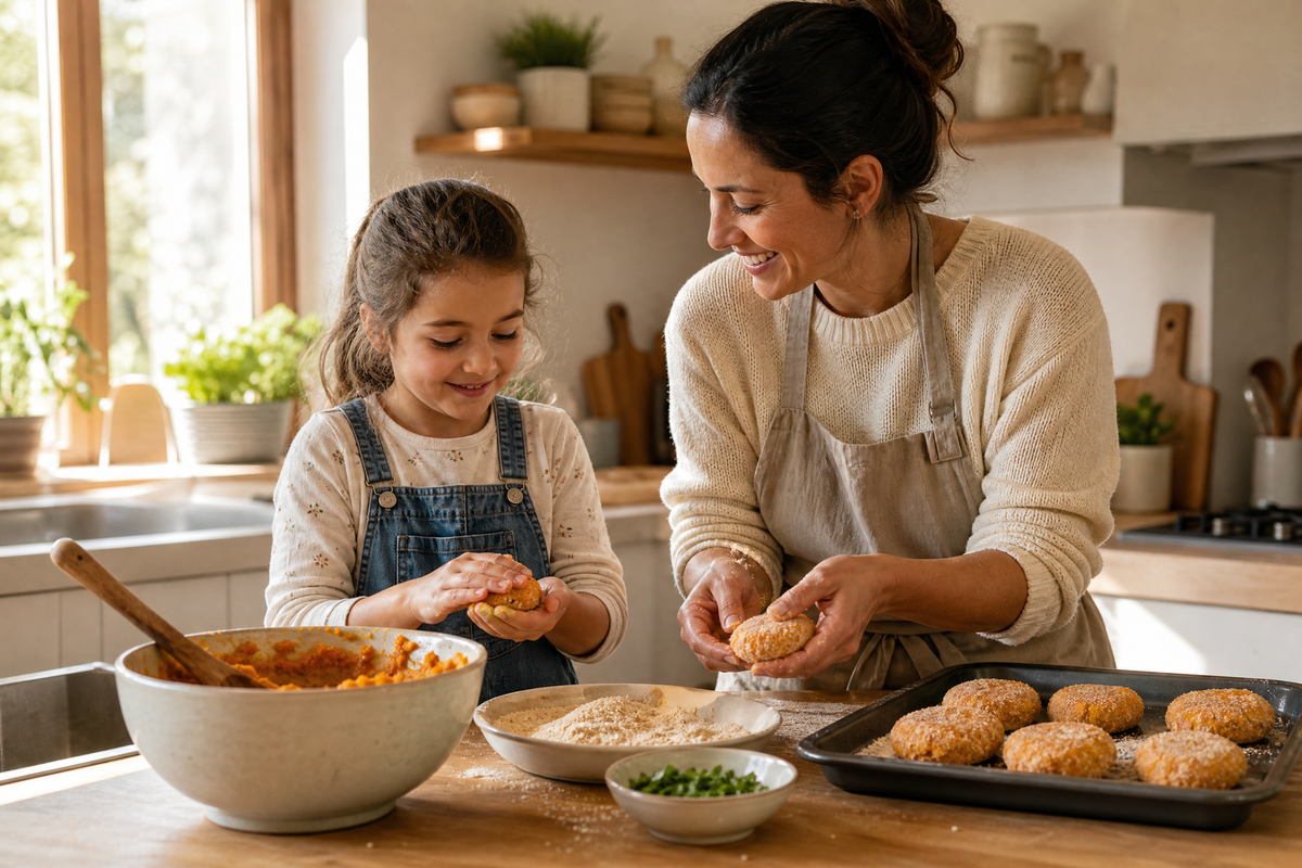Une mère et sa fille préparent des croquettes de patate douce en cuisine.