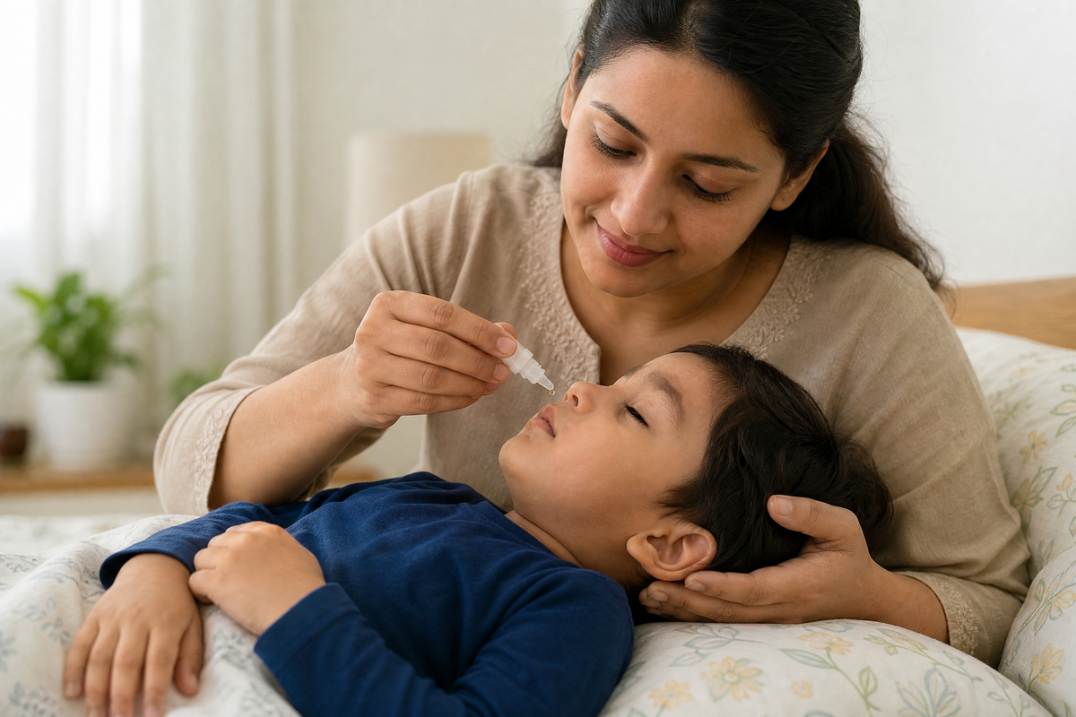 Mère administrant du sérum physiologique à son enfant.