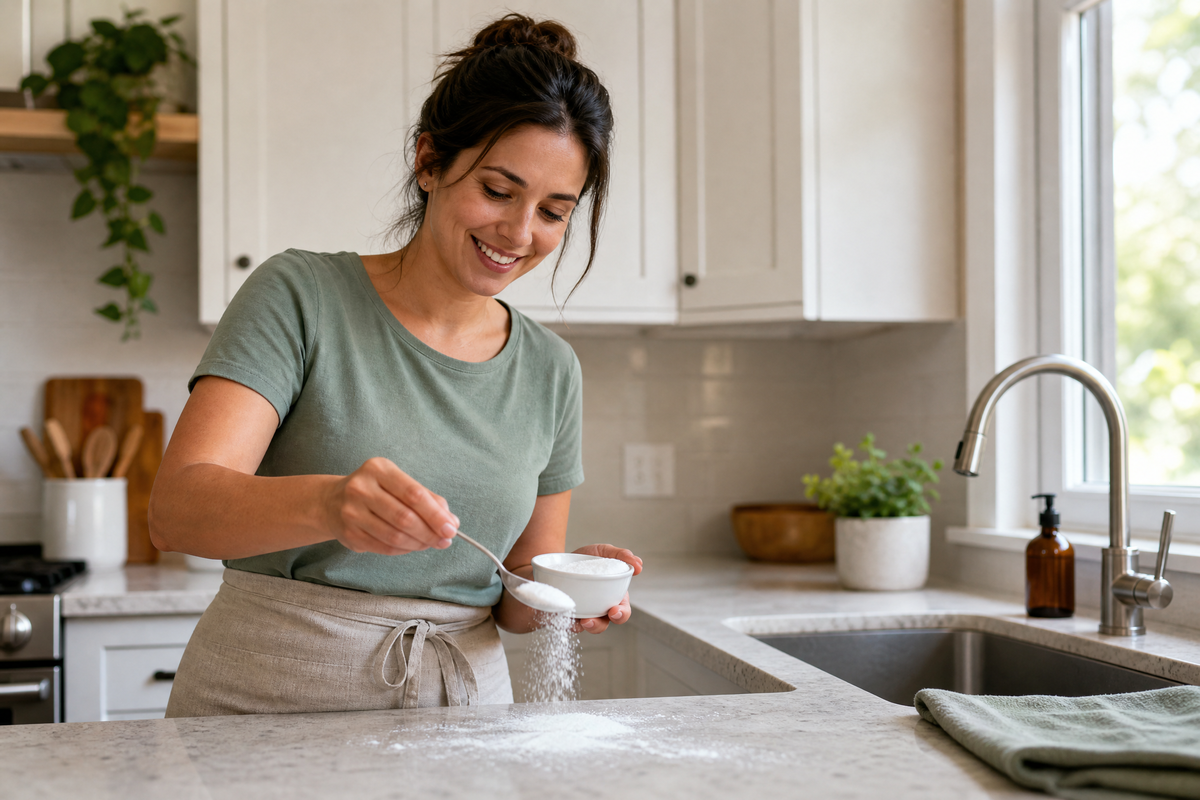 Une femme utilise du bicarbonate de soude pour nettoyer son plan de travail.