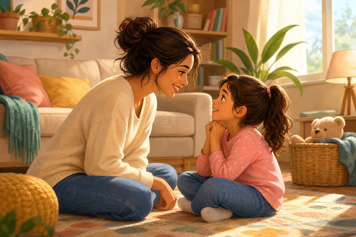 Mère échangeant avec sa fille avec bienveillance.