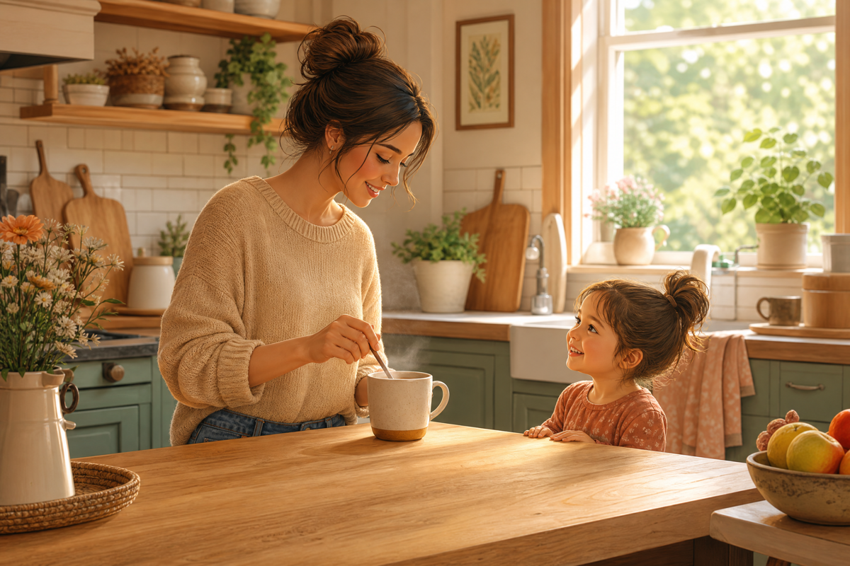 Mère préparant une boisson chaude avec sa fille.