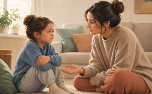 Une mère attentive et réconfortante parle doucement à son enfant triste et en pleurs assis en face d'elle.