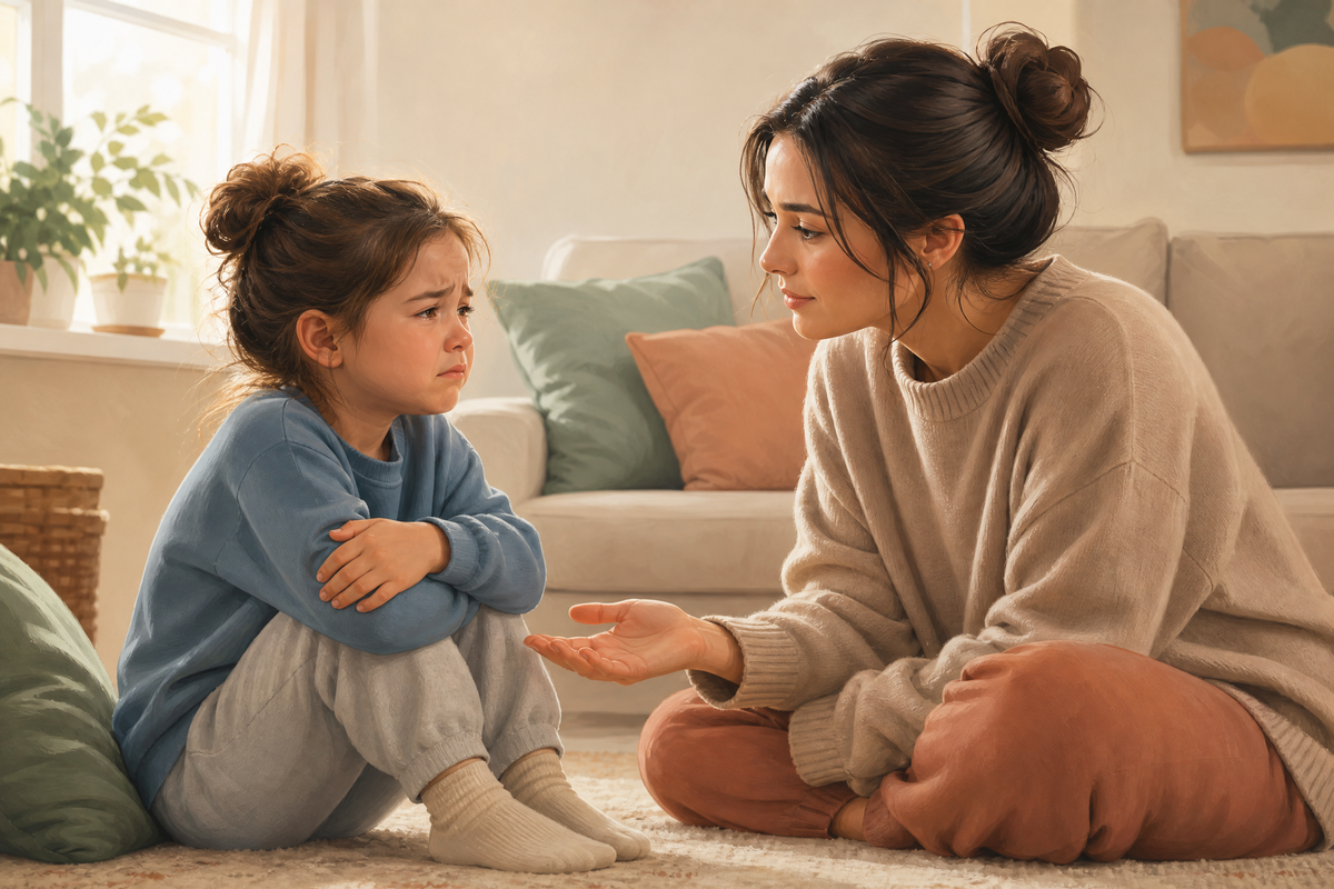 Une mère attentive et réconfortante parle doucement à son enfant triste et en pleurs assis en face d'elle.