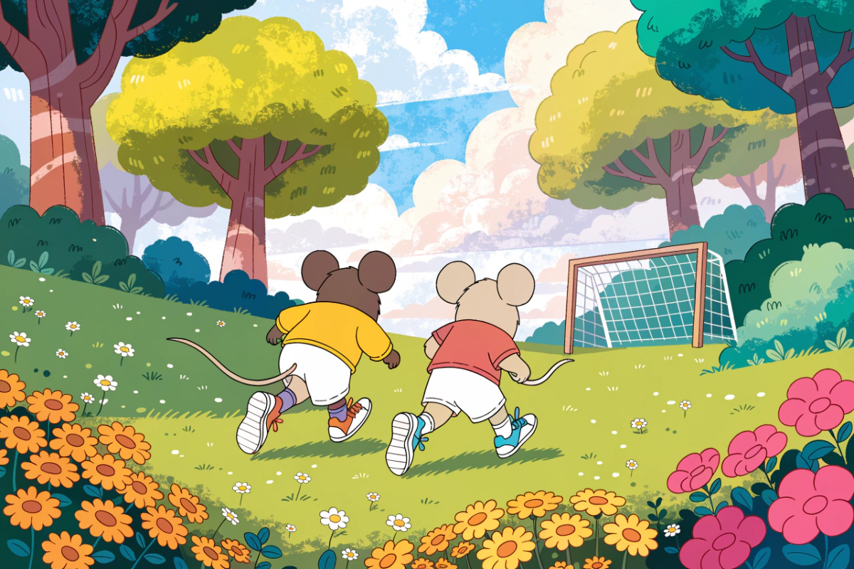 Des souris courant vers un but de football évoquant Mickey et Minnie
