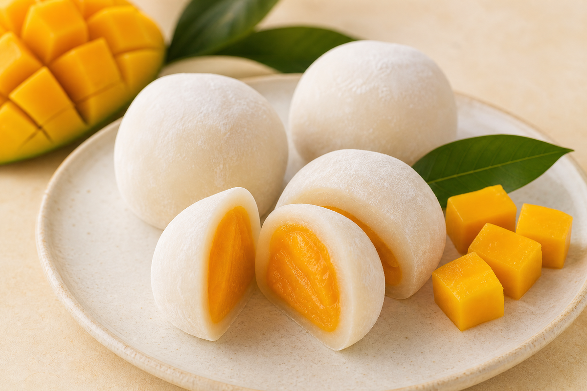 Mochis glacés à la mangue entière et coupés en deux sur une assiette avec des dés de mangue fraîche.