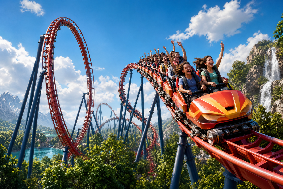 Passagers d'un grand huit les bras en l'air lors d'une descente vertigineuse dans un parc d'attractions.