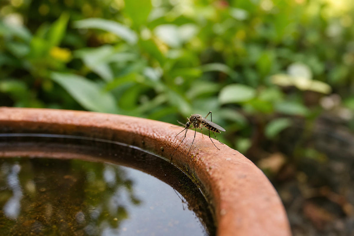  Un moustique posé sur une soucoupe remplie d’eau stagnante.