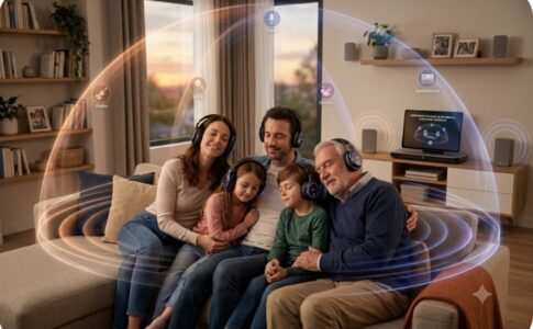 Une famille écoutant de la musique en 3D