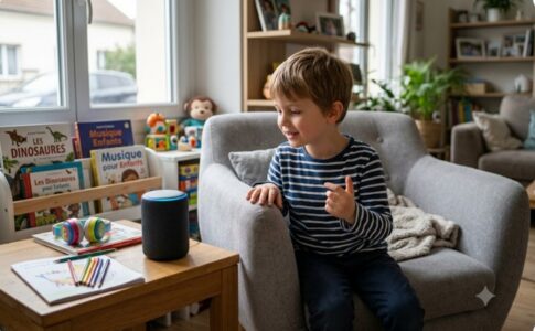 Un enfant écoutant de la musique avec un assistant vocal