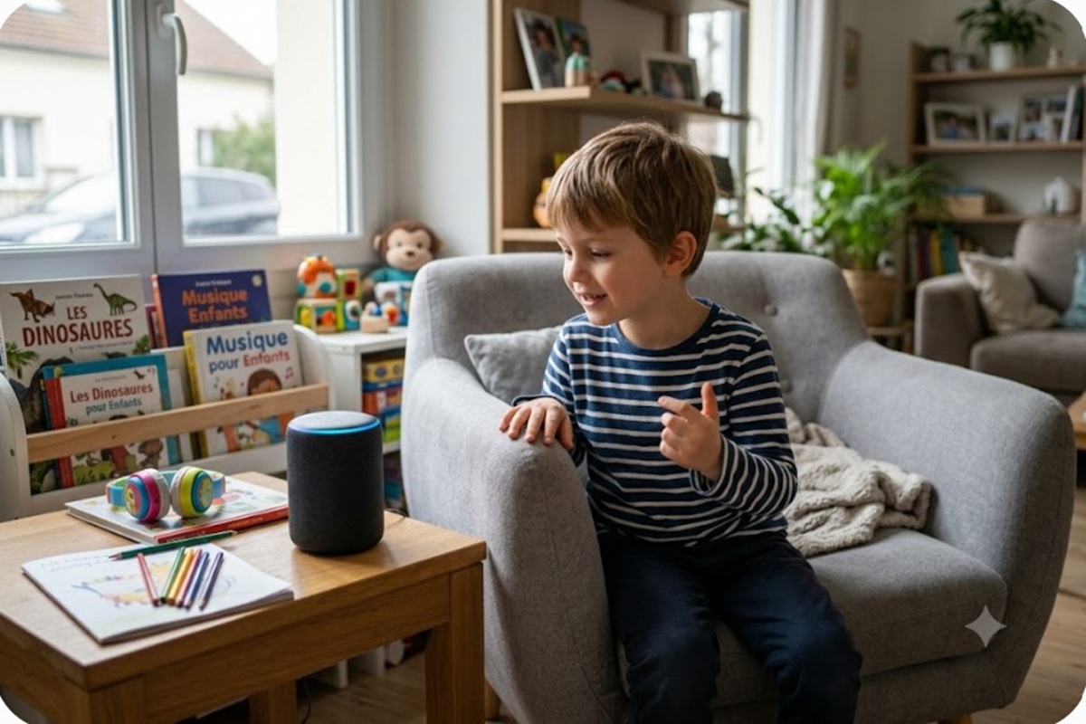 Un enfant écoutant de la musique avec un assistant vocal