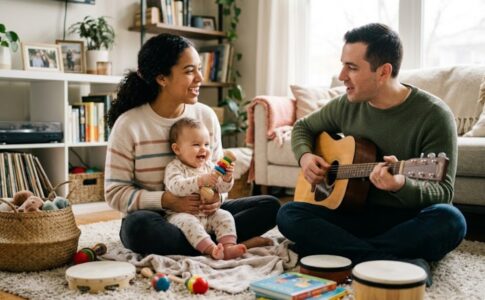 Des parents avec leur bébé s’amusant avec la musique