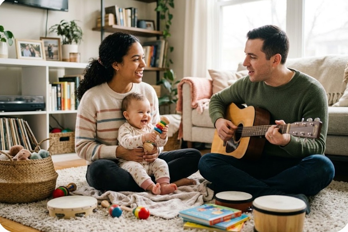 Des parents avec leur bébé s’amusant avec la musique