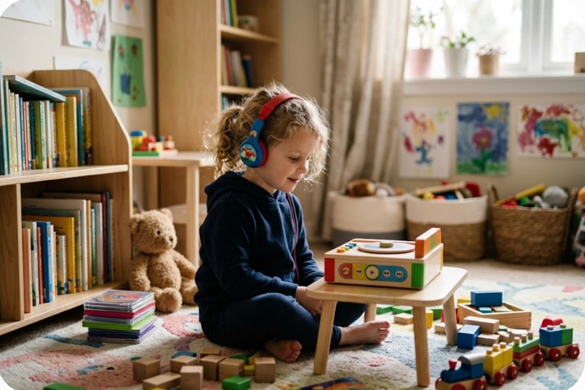 Un enfant écoutant de la musique dans sa chambre