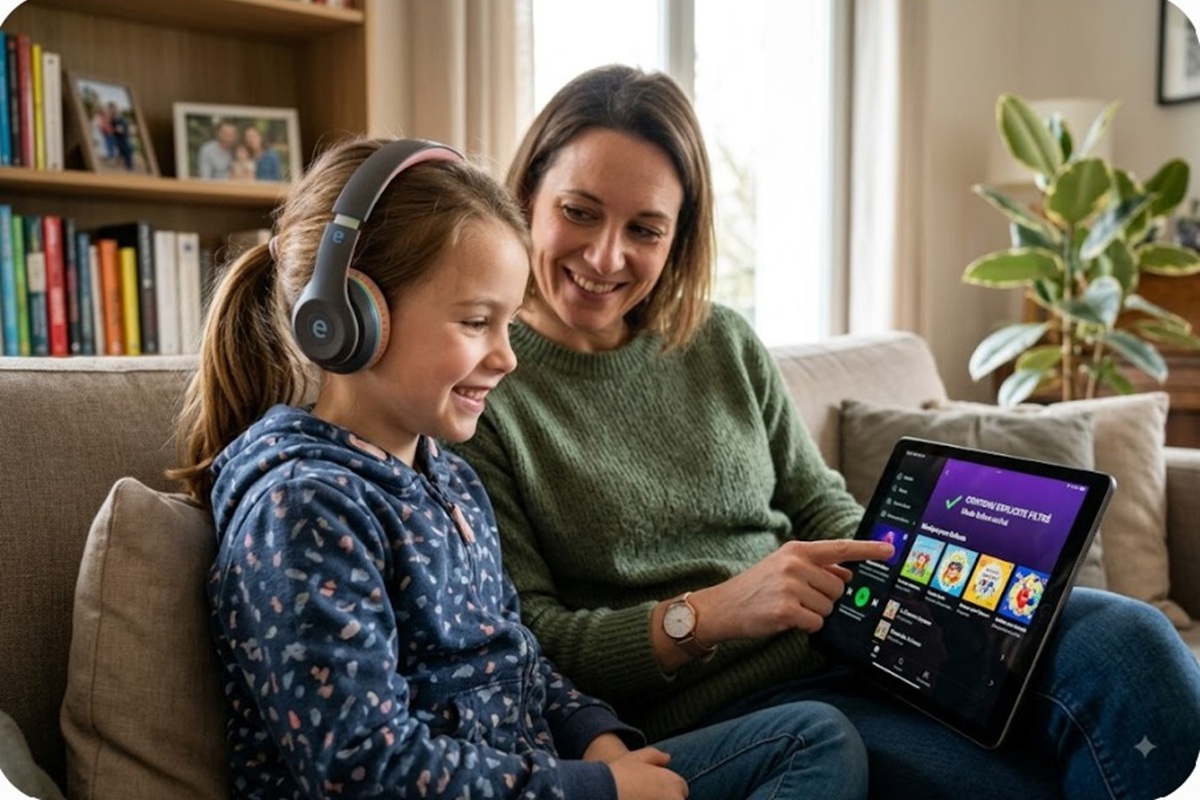 Une petite fille écoutant de la musique avec sa mère