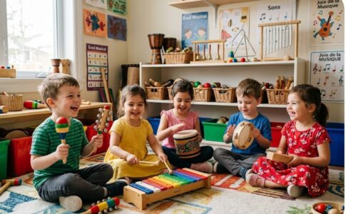 Des enfants s’amusant avec des instruments de musique