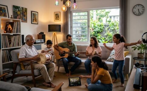 Une famille s’amusant avec de la musique