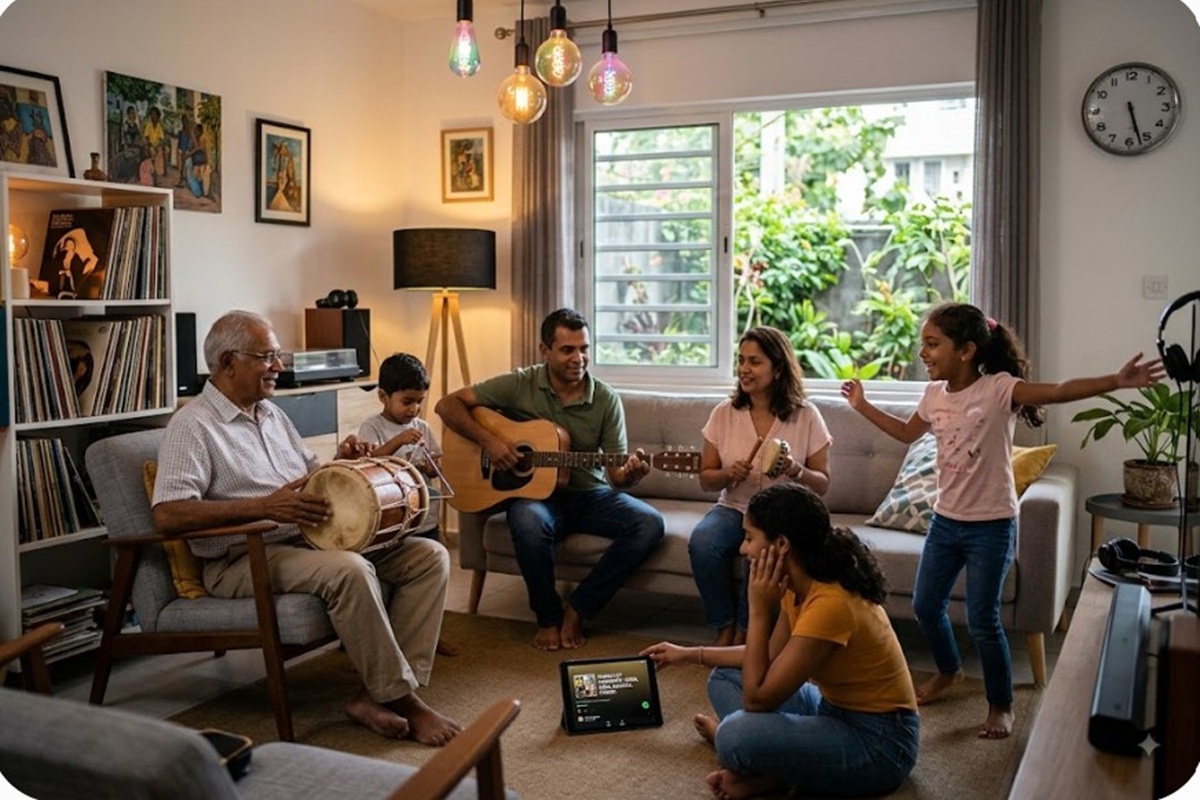 Une famille s’amusant avec de la musique