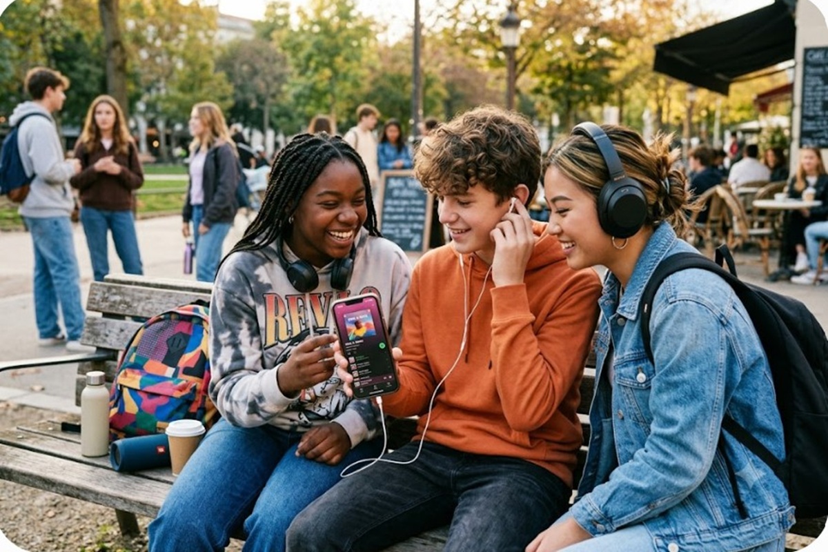 Des jeunes écoutant une playlist sur un smartphone