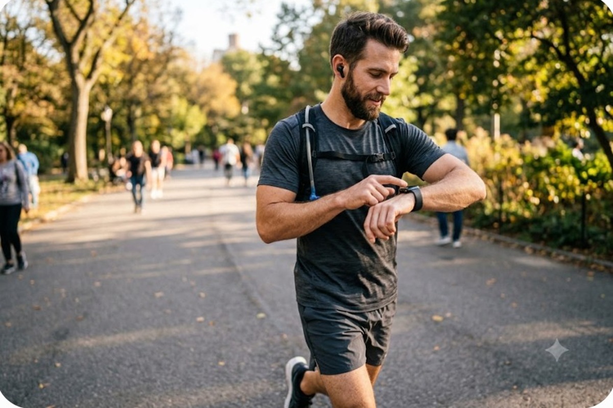 Un homme ajustant sa musique sur sa montre connectée