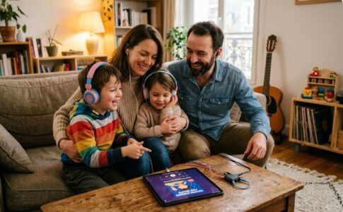 Une famille écoutant des podcasts