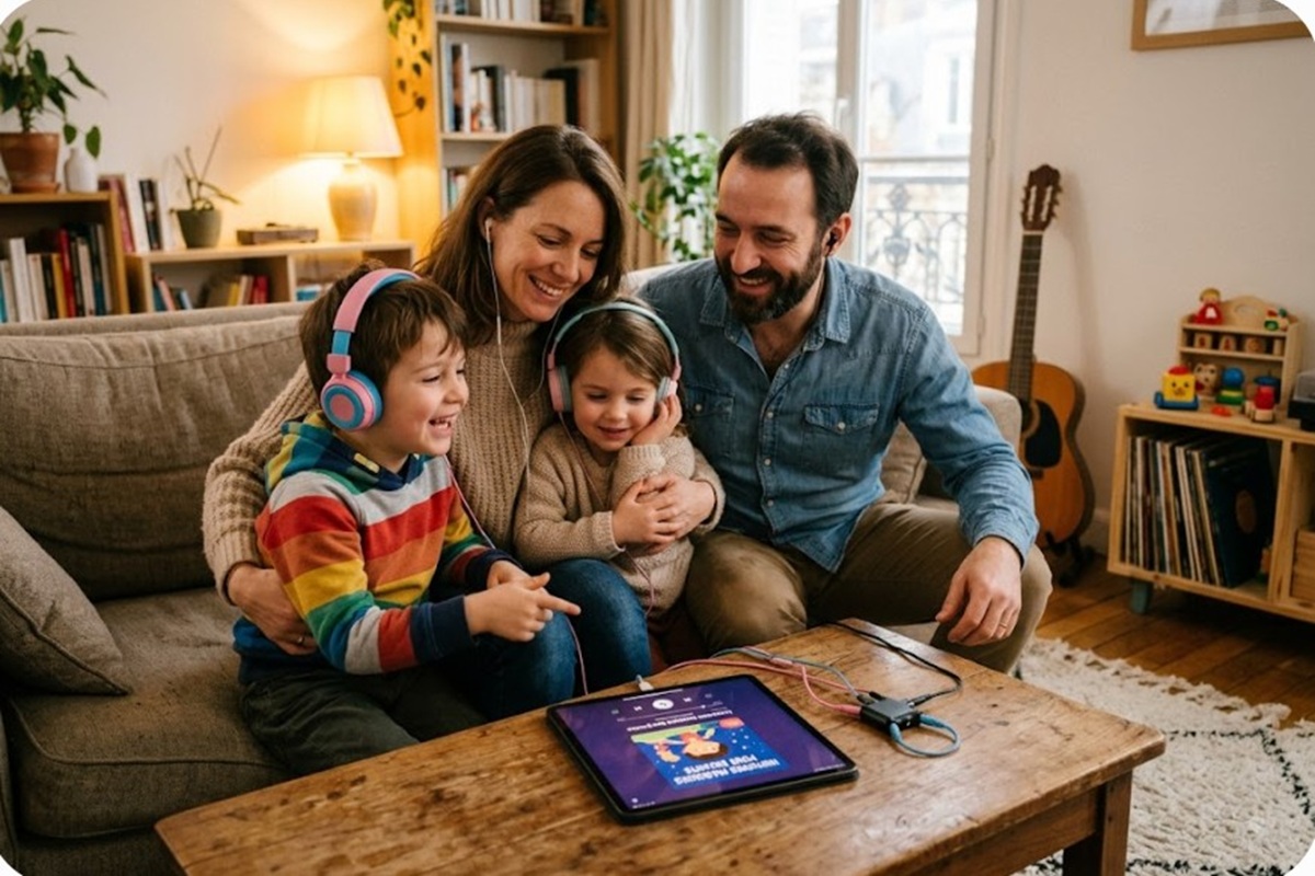 Une famille écoutant des podcasts