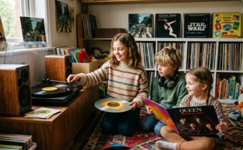 Des enfants avec des vinyles de musique