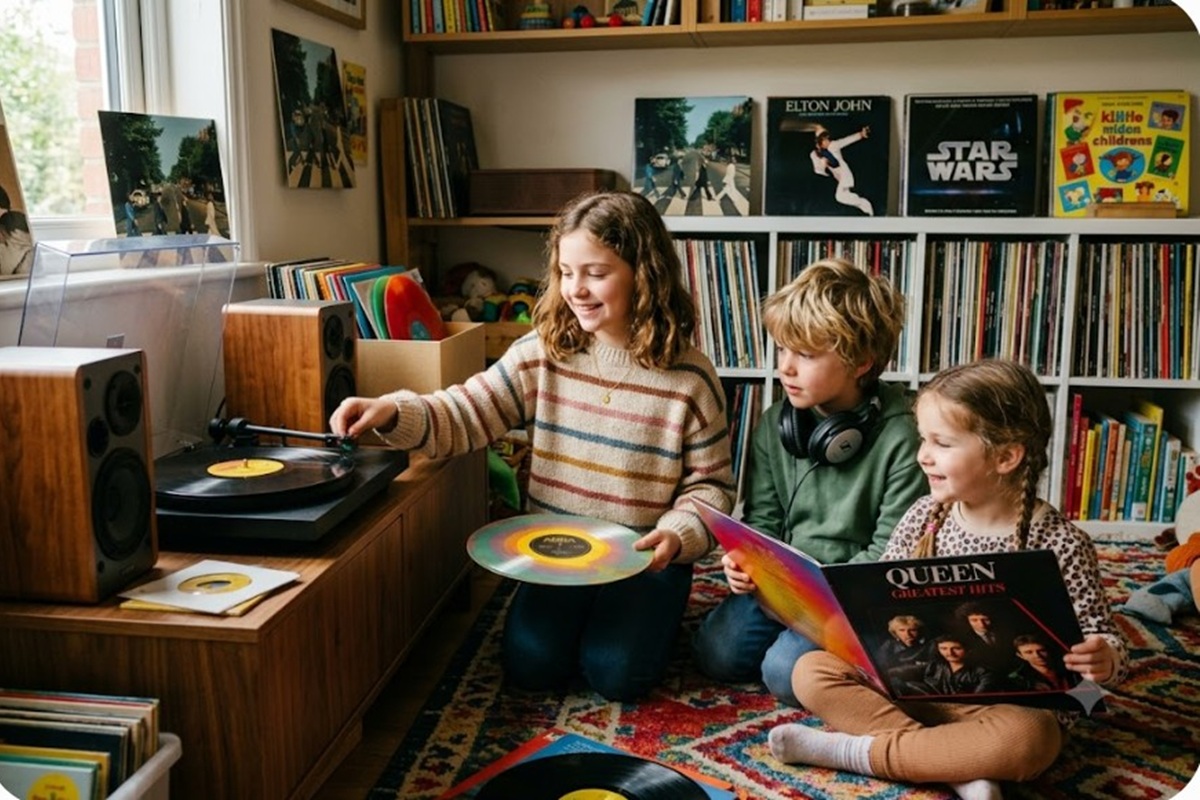 Des enfants avec des vinyles de musique