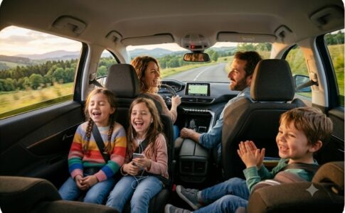 Une famille écoutant de la musique en voiture